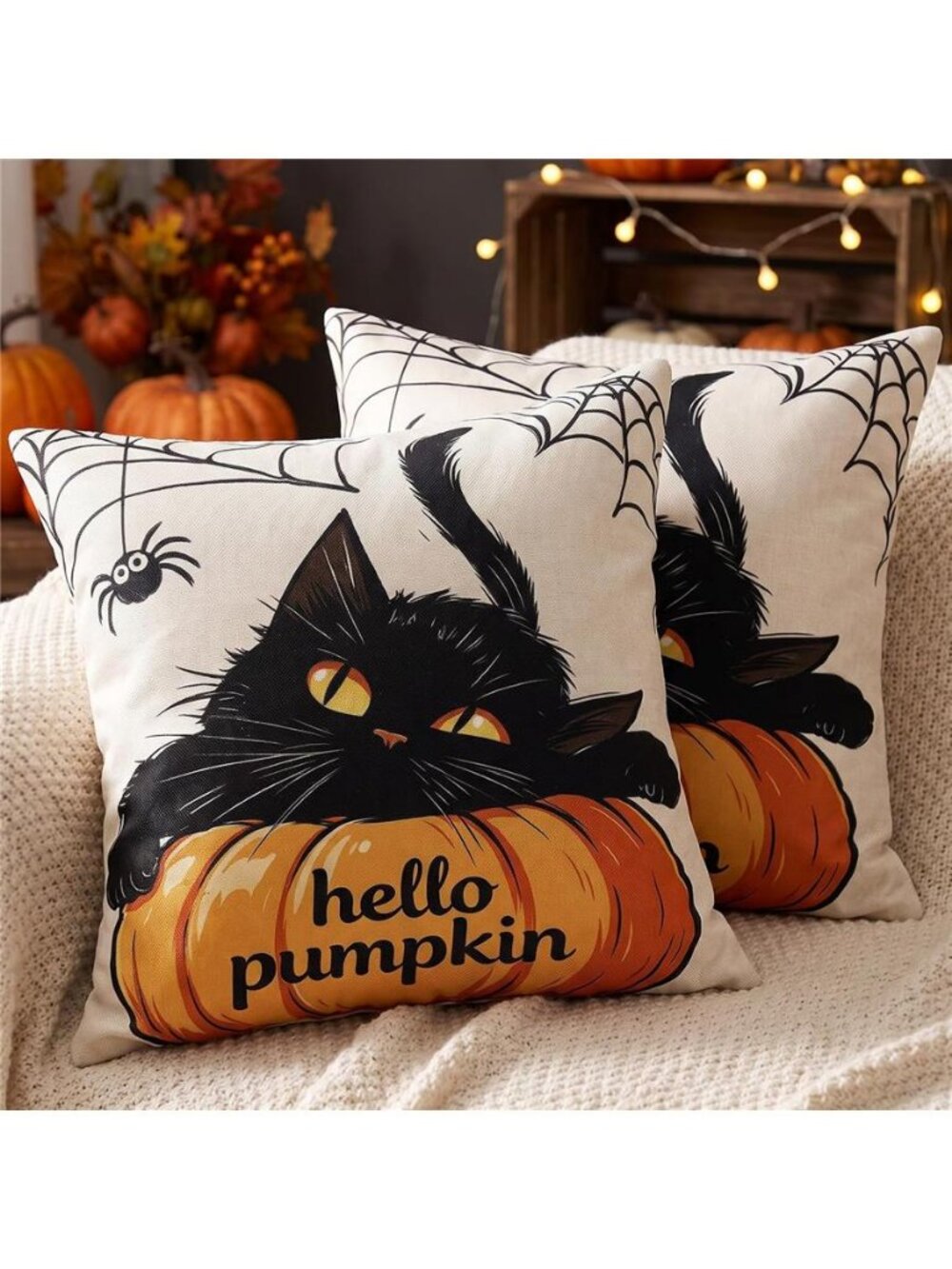 Black Cat Fall Halloween Pillow Covers 18X18, Hello Pumpkin Set of 2